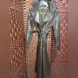 Classic Long Leather Trench Coat - Dark Brown